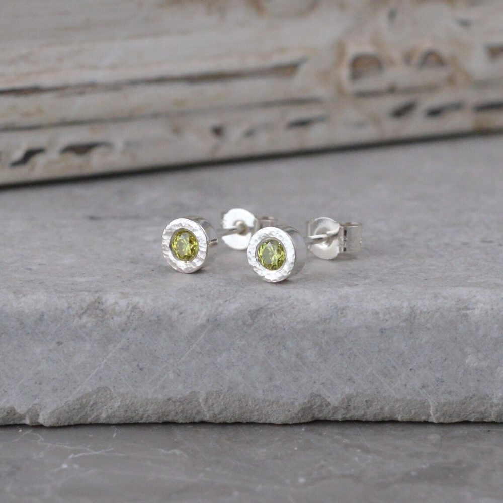 Silver Button Studs with Peridot CZ